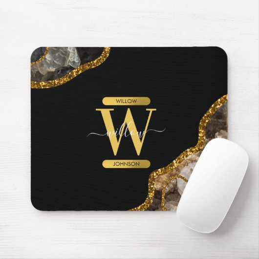 Monogram für den Black & Gold Agate Geode Glitzer Mousepad (Mit Mouse)
