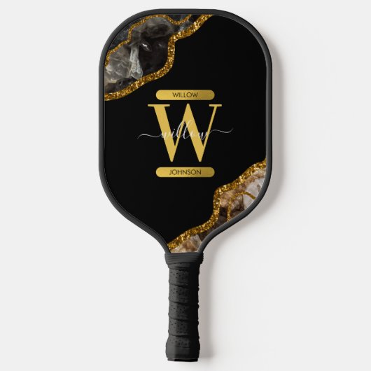 Monogram für den Black & Gold Agate Geode Glitzer Pickleball Schläger (Rückseite)