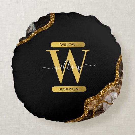 Monogram für den Black & Gold Agate Geode Glitzer Rundes Kissen (Vorderseite)