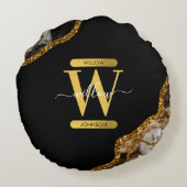 Monogram für den Black & Gold Agate Geode Glitzer Rundes Kissen (Rückseite)