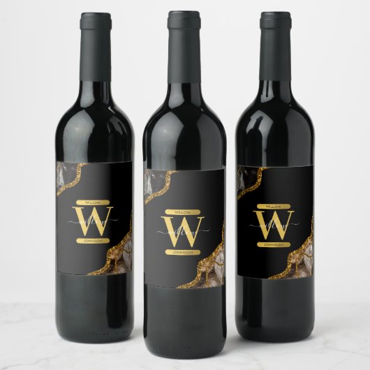 Monogram für den Black & Gold Agate Geode Glitzer Weinetikett (Flaschen)