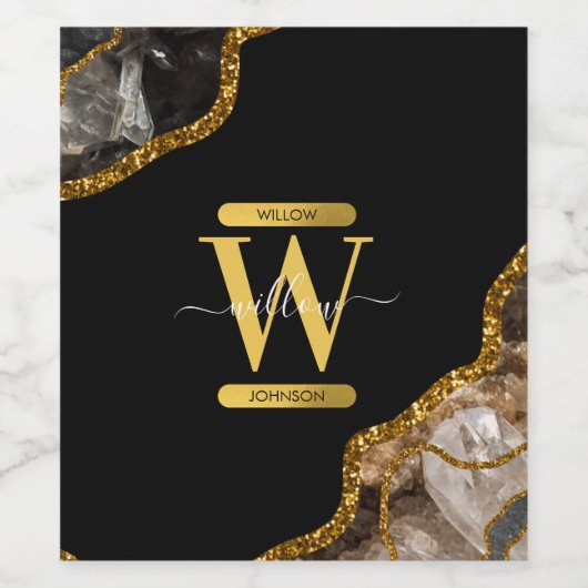 Monogram für den Black & Gold Agate Geode Glitzer Weinetikett (Einzelnes Label)