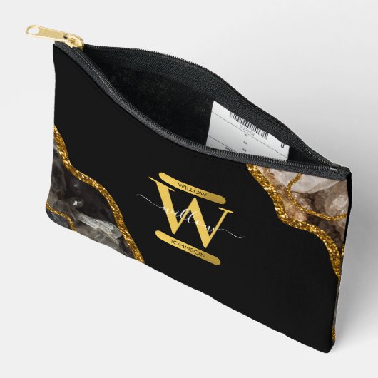 Monogram für den Black & Gold Agate Geode Glitzer Zubehörtasche (Offen)