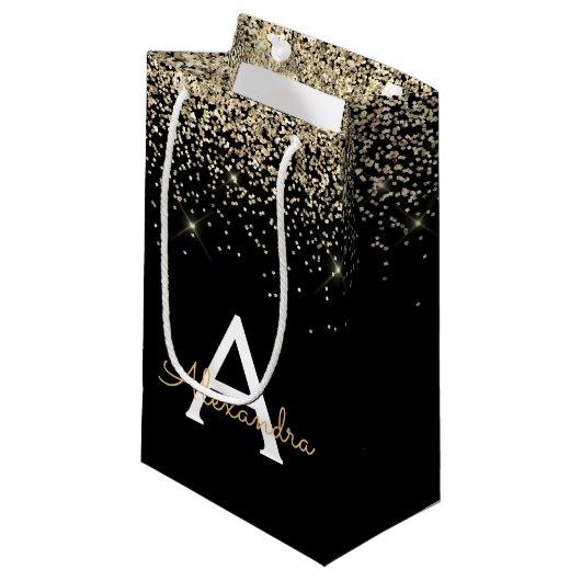 Monogram für den Gold Black Luxury Glitzer Kleine Geschenktüte (Vorderseite Schrägansicht)