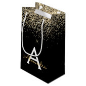 Monogram für den Gold Black Luxury Glitzer Kleine Geschenktüte (Rückseite Schrägansicht)