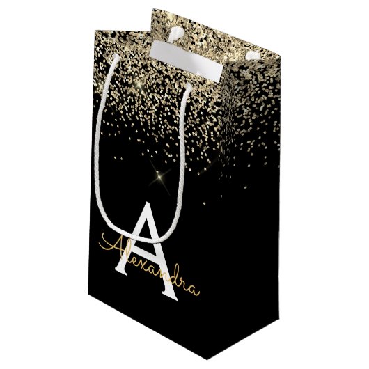 Monogram für den Gold Black Luxury Glitzer Kleine Geschenktüte (Rückseite Schrägansicht)
