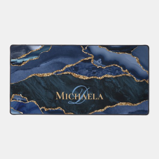 Monogram für den Navy Blue Agate Geode Gold Glitze Schreibtischunterlage (Vorderseite)