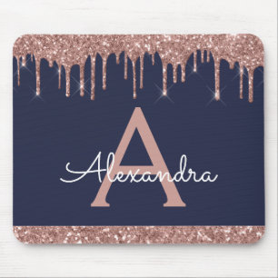 Monogram für den Navy Blue Rose Gold Sparkle Glitz Mousepad