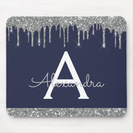 Monogram für den Navy Blue Silver Sparkle Glitzer Mousepad (Vorne)