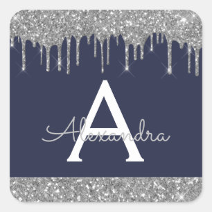 Monogram für den Navy Blue Silver Sparkle Glitzer Quadratischer Aufkleber