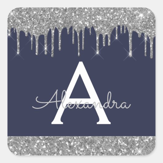 Monogram für den Navy Blue Silver Sparkle Glitzer Quadratischer Aufkleber (Vorderseite)