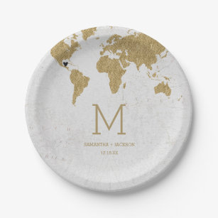 Monogram für die Gold Foil World Map Hochzeit in U Pappteller