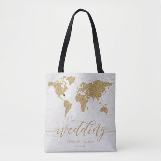 Monogram für die Gold Foil World Map Hochzeit in U Tasche (Vorderseite)