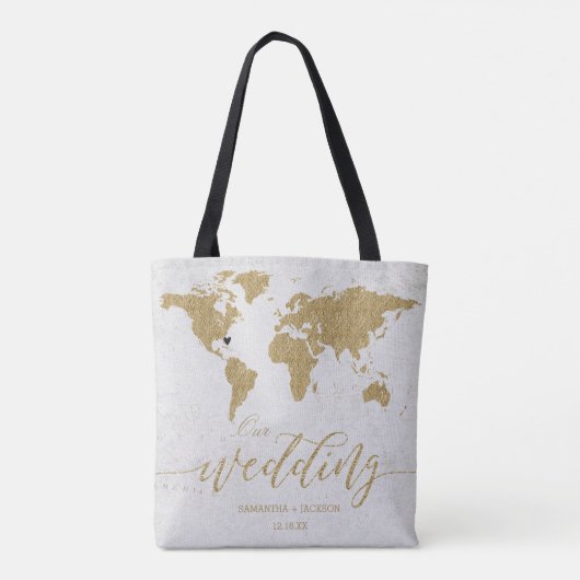 Monogram für die Gold Foil World Map Hochzeit in U Tasche (Rückseite)