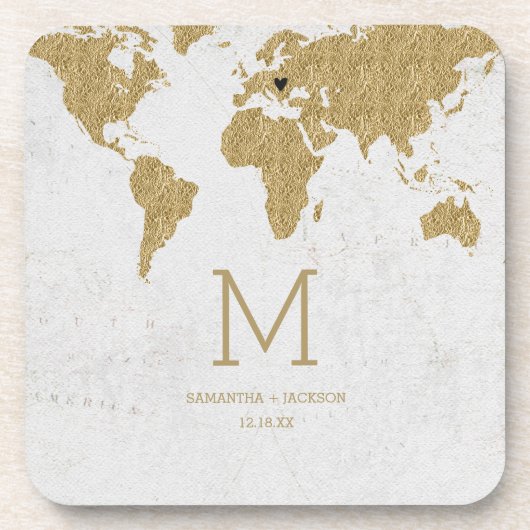 Monogram für die Gold Foil World Map Hochzeit in U Untersetzer (Vorderseite)