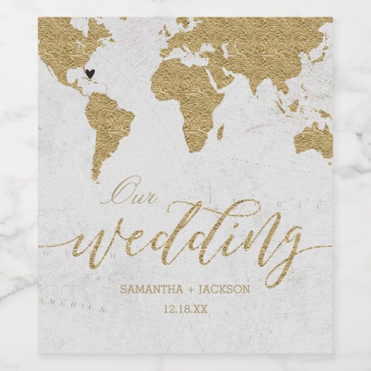 Monogram für die Gold Foil World Map Hochzeit in U Weinetikett (Einzelnes Label)