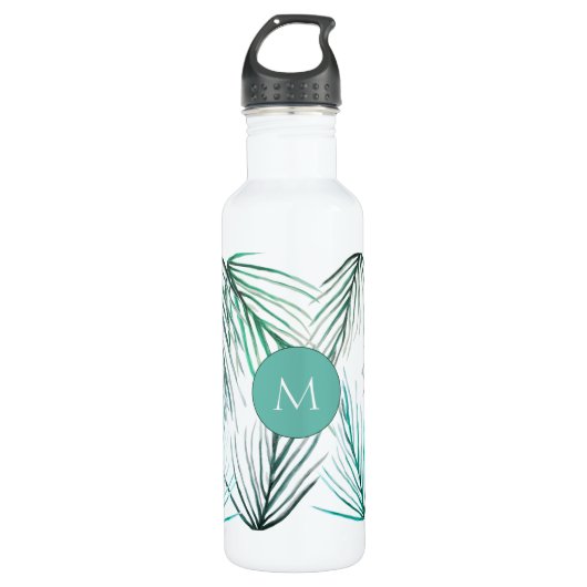 Monogram für die grünen tropischen Palm-Blätter Edelstahlflasche (Vorderseite)