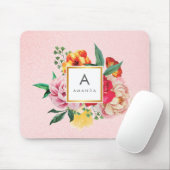 Monogram für Girl Glitzer Watercolor Peony Blume Mousepad (Mit Mouse)