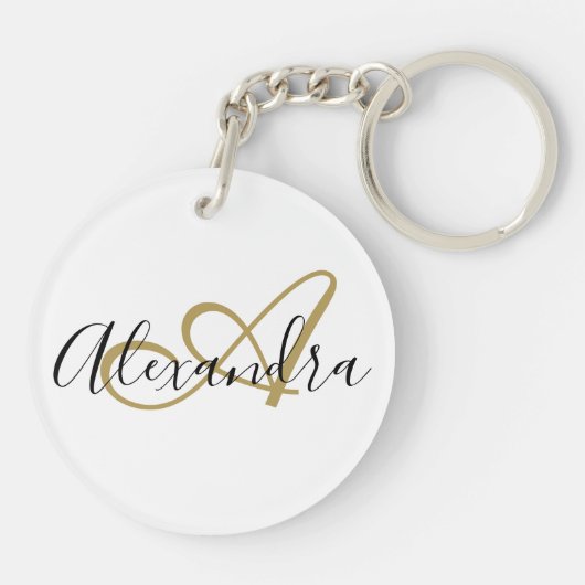 Monogram für Girly Schwarz-weiß Gold Hearts Script Schlüsselanhänger (Rückseite)