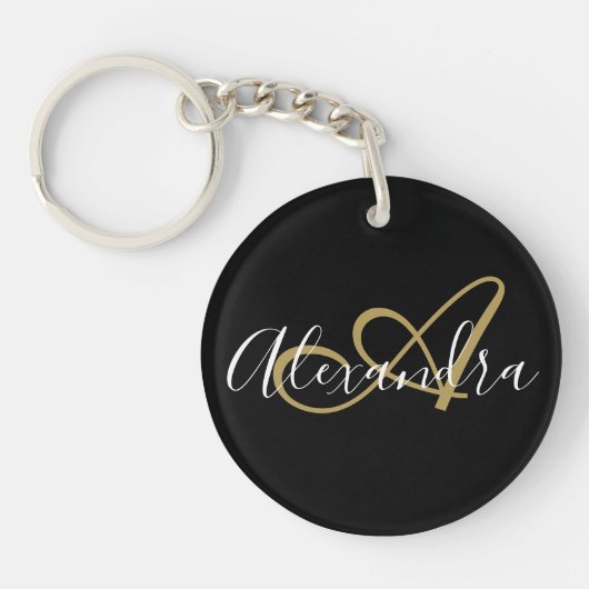 Monogram für Girly Schwarz-weiß Gold Hearts Script Schlüsselanhänger (Vorderseite)