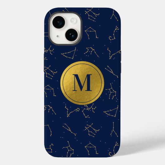 Monogram für Gold & Navy Blue-Zodiac-Konstellation Case-Mate iPhone Hülle (Rückseite)