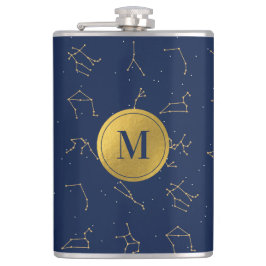 Monogram für Gold & Navy Blue-Zodiac-Konstellation Flachmann