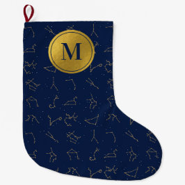 Monogram für Gold & Navy Blue-Zodiac-Konstellation Großer Weihnachtsstrumpf