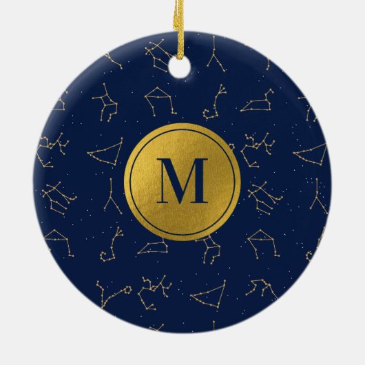 Monogram für Gold & Navy Blue-Zodiac-Konstellation Keramik Ornament (Hinten)