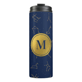 Monogram für Gold & Navy Blue-Zodiac-Konstellation Thermosbecher