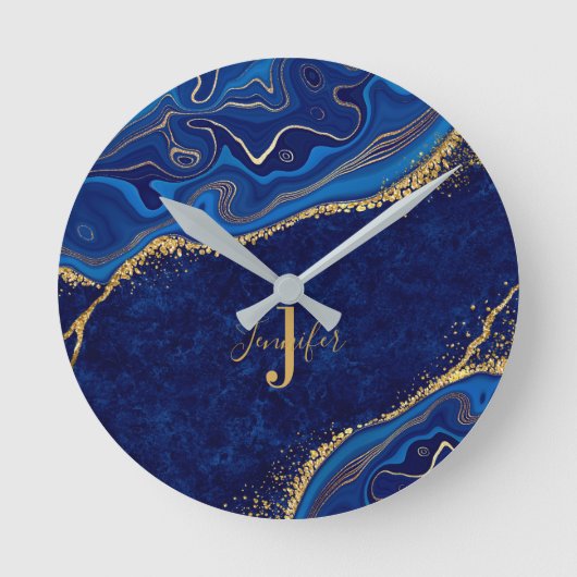 Monogram für Gold und Blue Modern Eleganter Indivi Runde Wanduhr (Vorderseite)