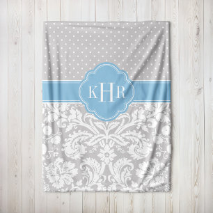 Monogram für graue und Sky Blue Damask Polka Dots Fleecedecke