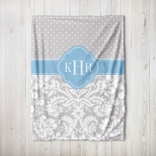 Monogram für graue und Sky Blue Damask Polka Dots Fleecedecke