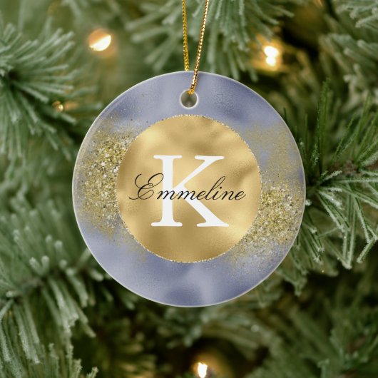 Monogram für lila Glitzer Keramik Ornament (Baum)