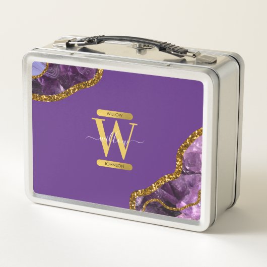 Monogram für lila und Gold Agate Geode Glitzer Metall Brotdose (Rückseite)
