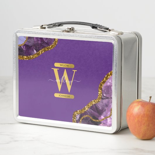 Monogram für lila und Gold Agate Geode Glitzer Metall Brotdose (Beispiel)