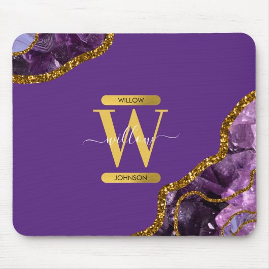 Monogram für lila und Gold Agate Geode Glitzer Mousepad (Vorne)