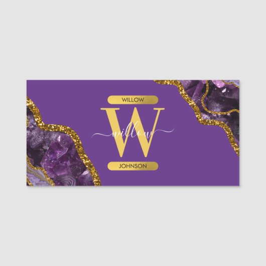 Monogram für lila und Gold Agate Geode Glitzer Namensschild (Vorderseite)