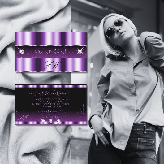 Monogram für luxuriöse Lila Black Sparkling Diamon Visitenkarte