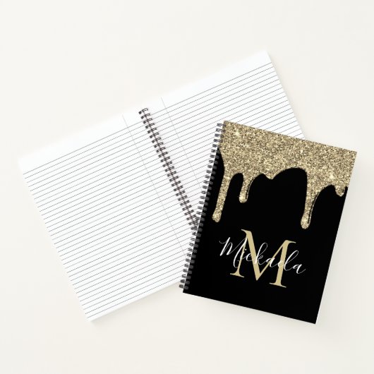Monogram für Luxus Sparkle Gold Glitzer Tropfen Notizblock (Innenseite)