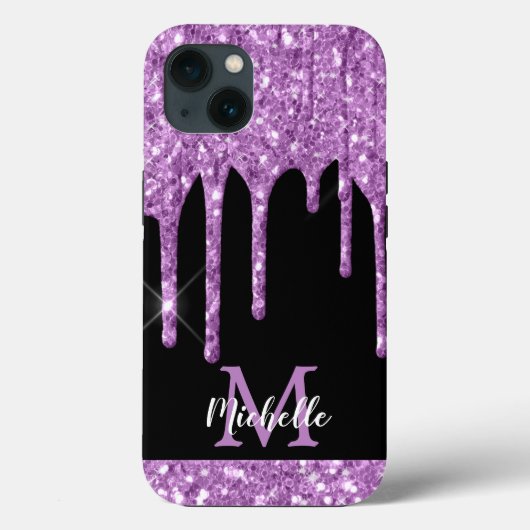 Monogram für moderne Lila Glitzer-Tropfen Case-Mate iPhone Hülle (Rückseite)