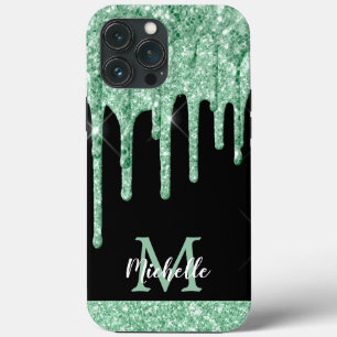 Monogram für moderne Minze-Green-Glitzer-Tropfen Case-Mate iPhone Hülle