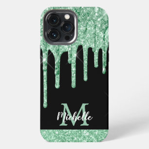 Monogram für moderne Minze-Green-Glitzer-Tropfen iPhone 13 Pro Max Hülle