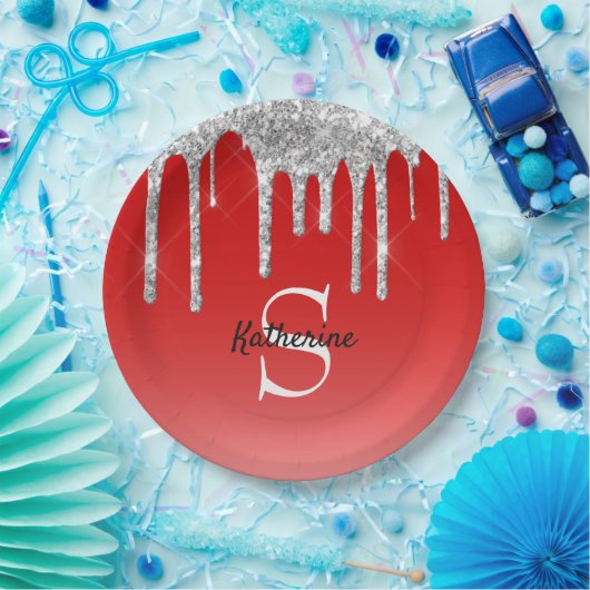 Monogram für moderne Red Silver Glitzer Tropfen Pappteller (Party)