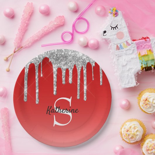 Monogram für moderne Red Silver Glitzer Tropfen Pappteller (Party)