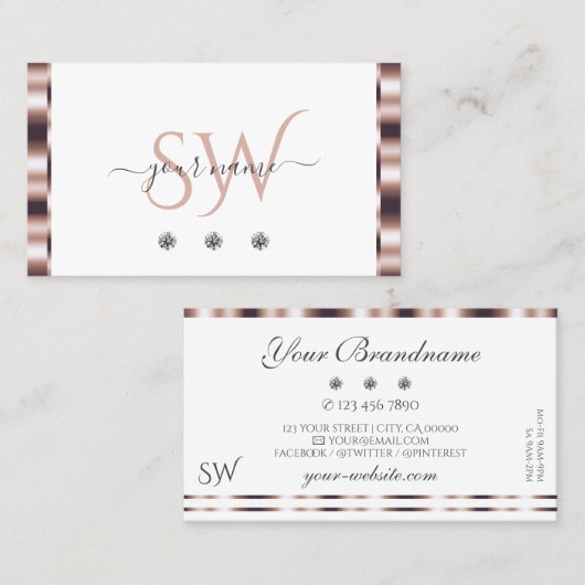 Monogram für moderne Rose Gold White Sparkling Dia Visitenkarte (Vorne/Hinten)