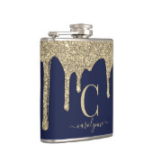 Monogram für Navy Blue Gold Glitzer Tropfen Flachmann (Rechts)