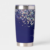 Monogram für Navy Blue Holographic Silver Glitzer Thermobecher (Vorderseite)