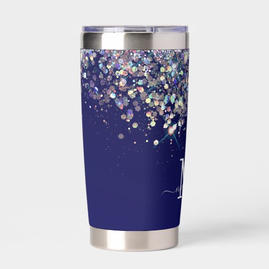 Monogram für Navy Blue Holographic Silver Glitzer Thermobecher (Vorderseite)