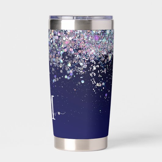 Monogram für Navy Blue Holographic Silver Glitzer Thermobecher (Rückseite)
