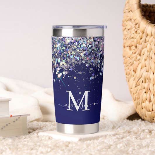 Monogram für Navy Blue Holographic Silver Glitzer Thermobecher (Wohnzimmer)